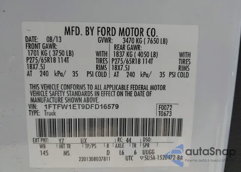 2013 Ford F-150 Xlt z USA, uszkodzony, nr VIN 1FTFW1ET9DFD16579